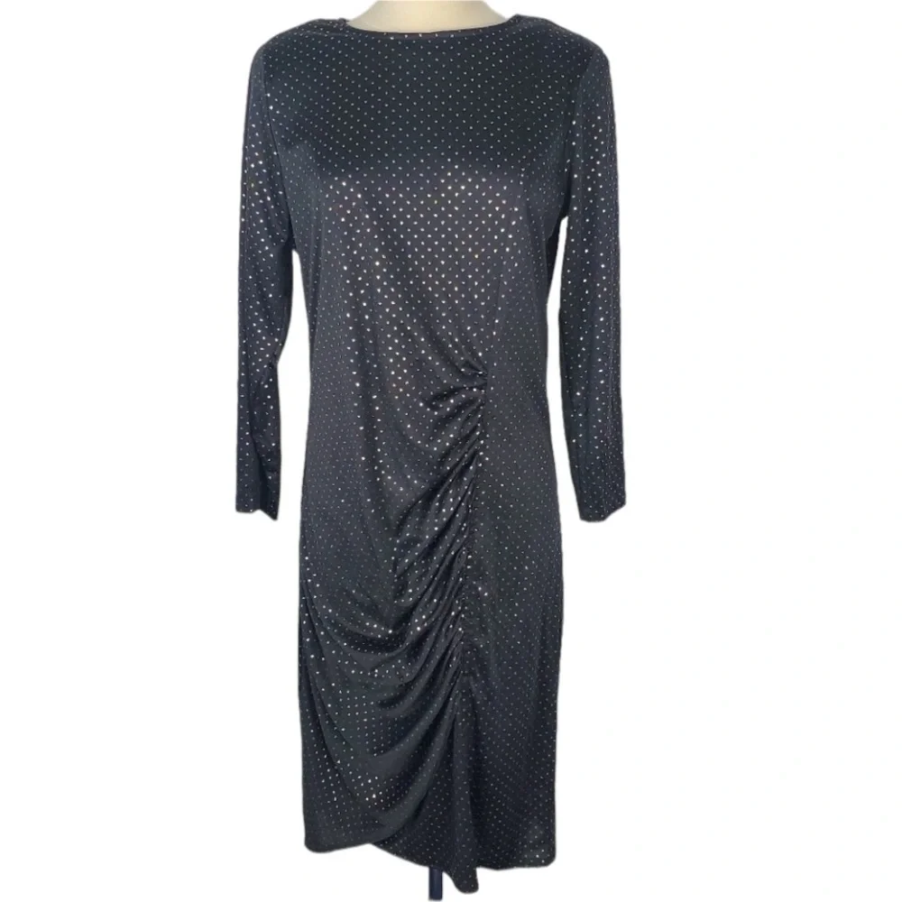 1980s Barone Black &‎ Silver Polka Dot Poly Dress